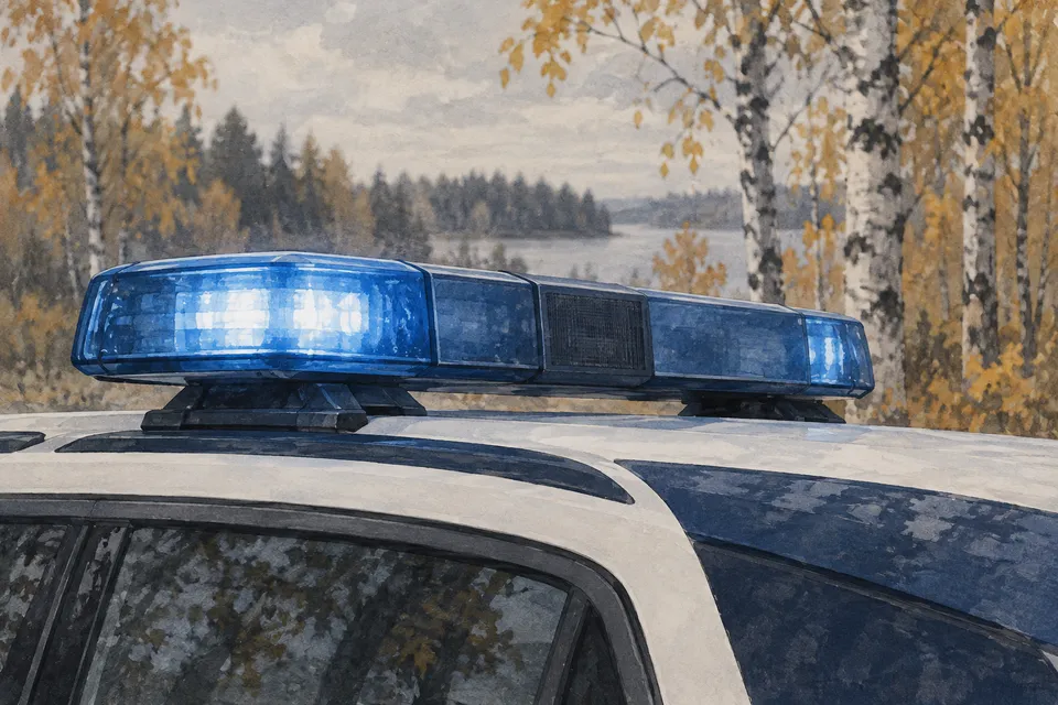 Poliisiauton sininen valopaneeli syksyisessä maisemassa, tekoälykuvitus.