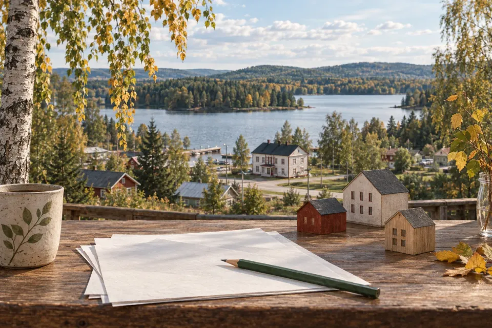 Tekoälykuvitus taloussuunnittelusta, pienoistaloista ja Luhangan maisemista vaikutteita saaneesta syksyisestä järvikylästä.