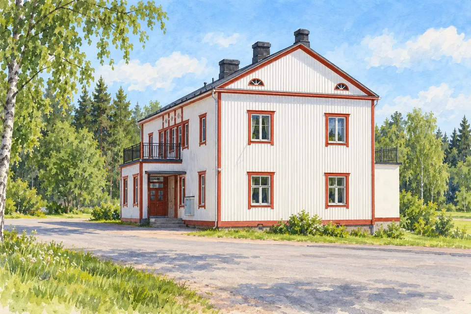 Vesivärimäinen kuvitus Luhangan valkoisesta, punaruskealla reunustetusta kunnantalosta.